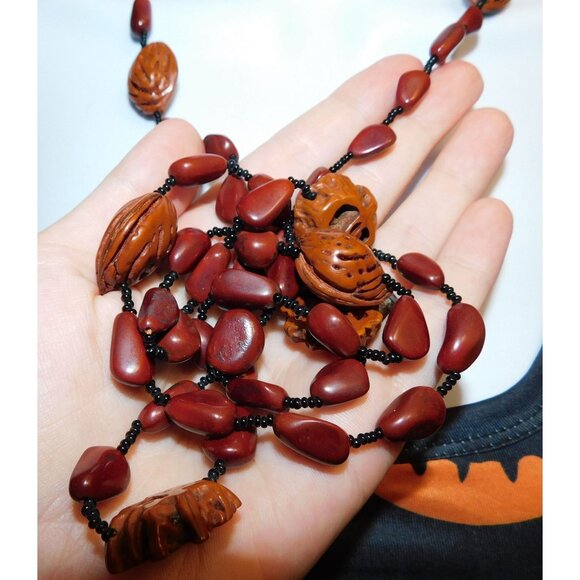 Rustic Nature Inspired Peach Pit Stone And Glass Beaded Necklace - Picture 6 of 6